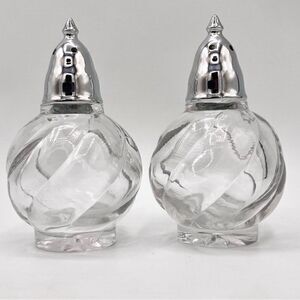 Vintage Swirl Clear Pressed Glass Chrome Metal Salt Pepper Shakers